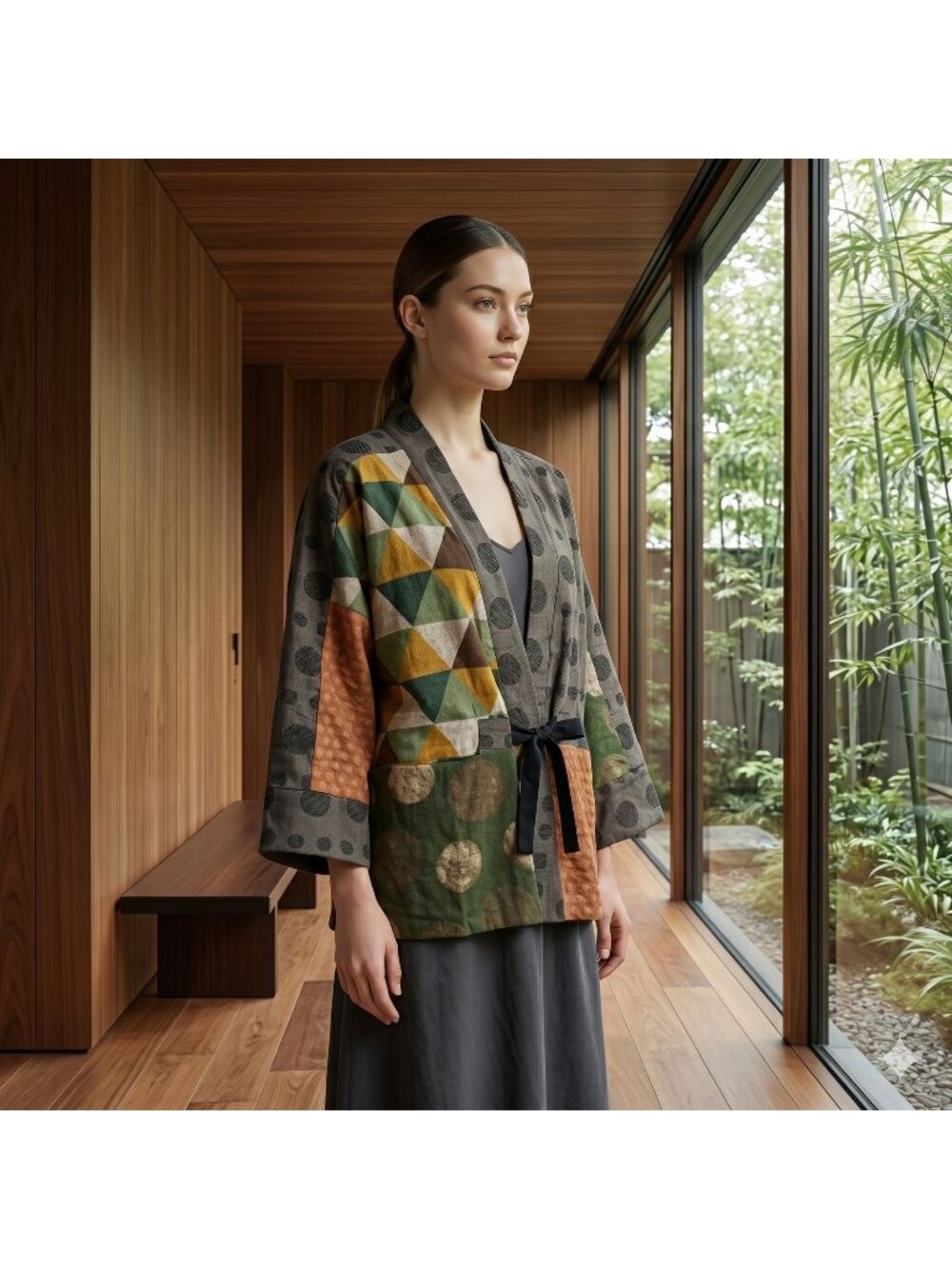 BUYKUD Lagenlook Patchwork Jacket Cotton Kimono Geometric Polka Dot Artsy Boho